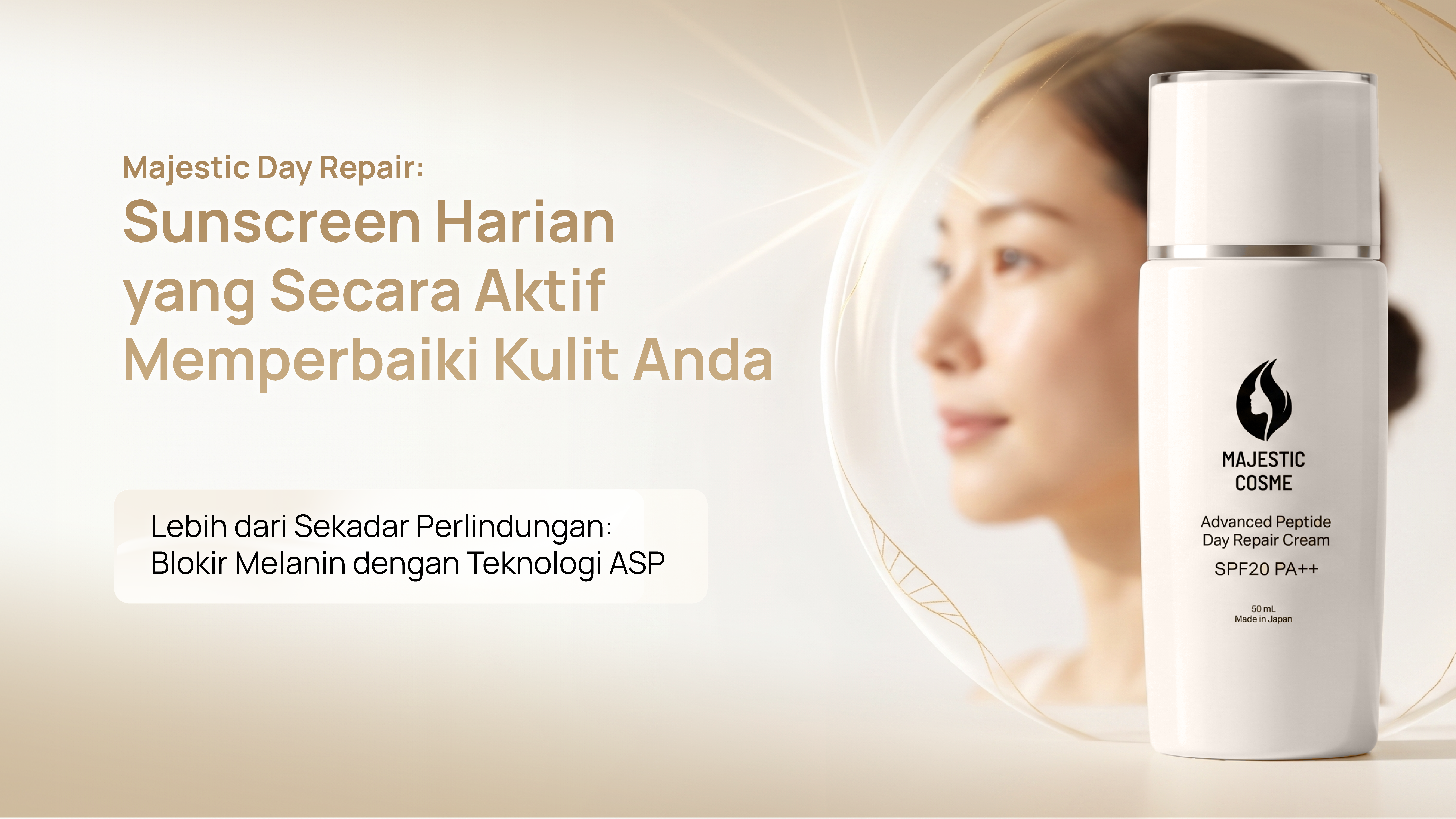 Majestic Day Repair sunscreen mineral harian dengan perlindungan UV, perbaikan DNA, pencegahan noda hitam, dan perawatan anti-penuaan untuk kulit sensitif