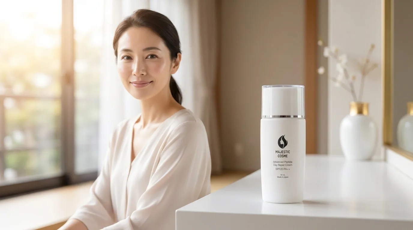 マジェスティック デイリペアのボトルと、朝の光が差し込む窓辺で健康的な肌の女性が微笑む様子