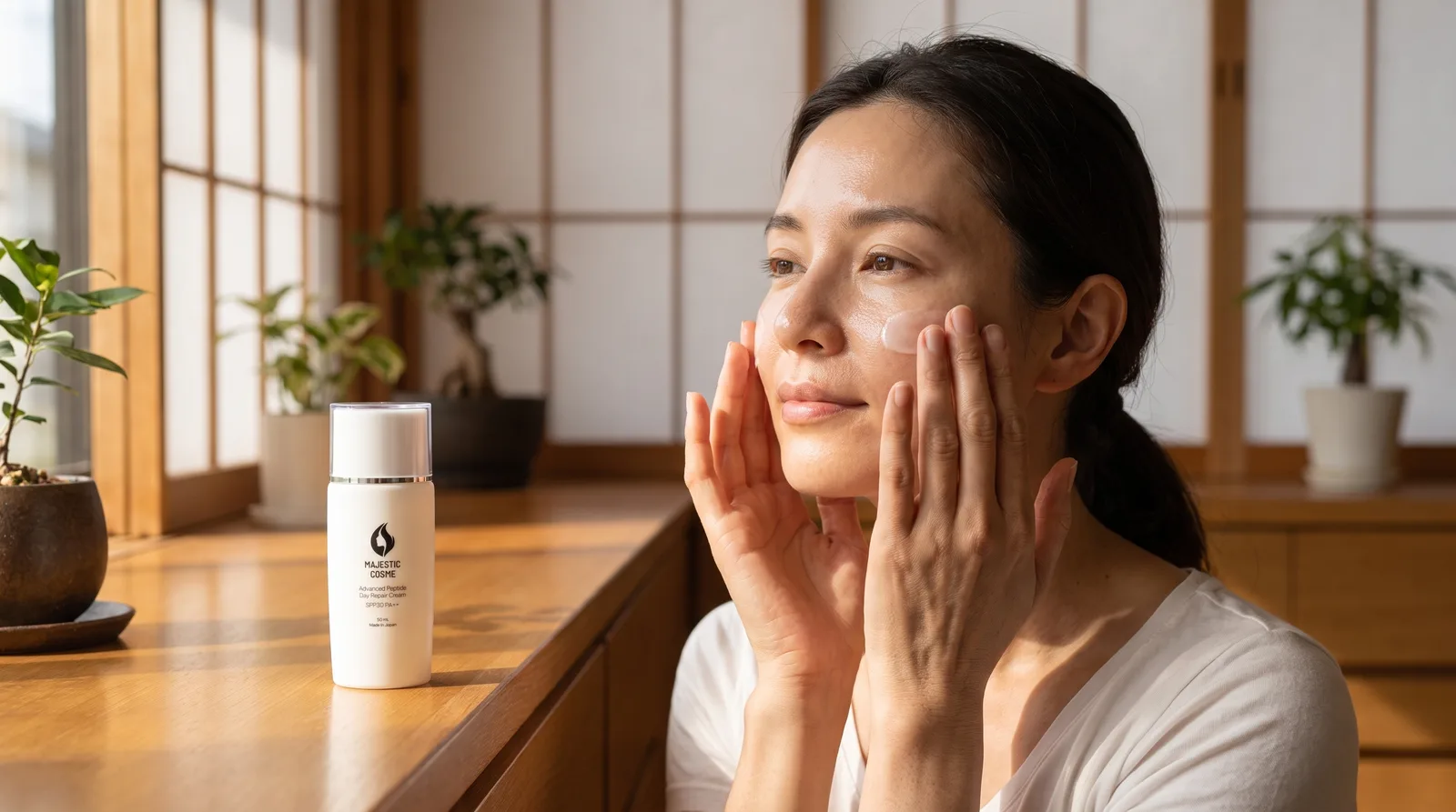 明るくミニマルな空間で、マジェスティック デイリペアを優しく顔に塗布する女性