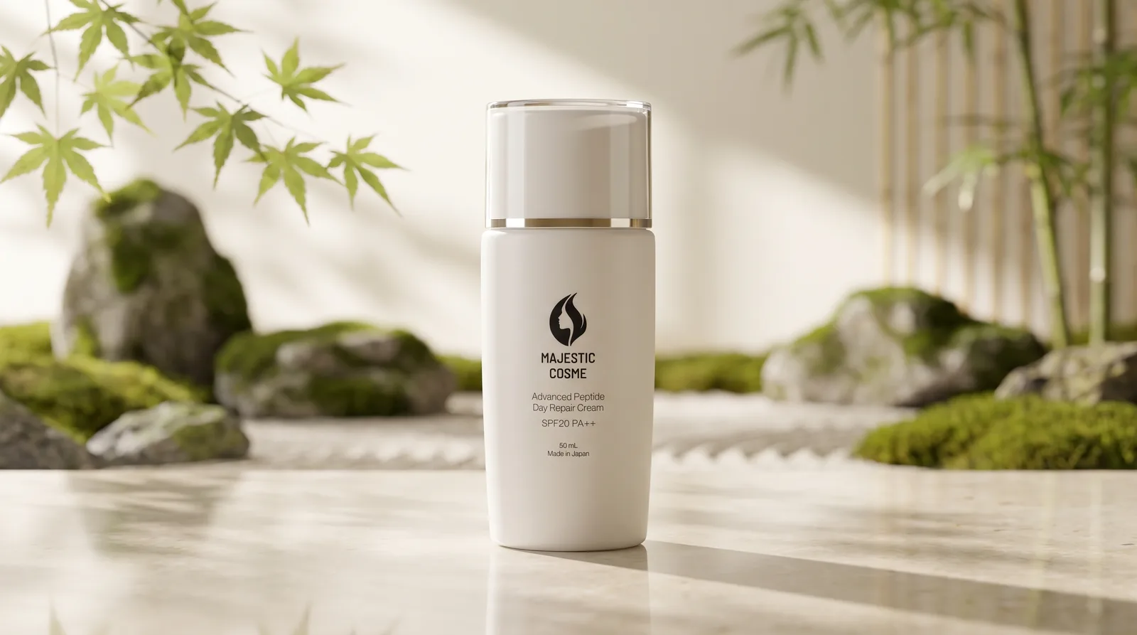 Botol Majestic Day Repair yang elegan dengan latar belakang taman Jepang yang tenang.