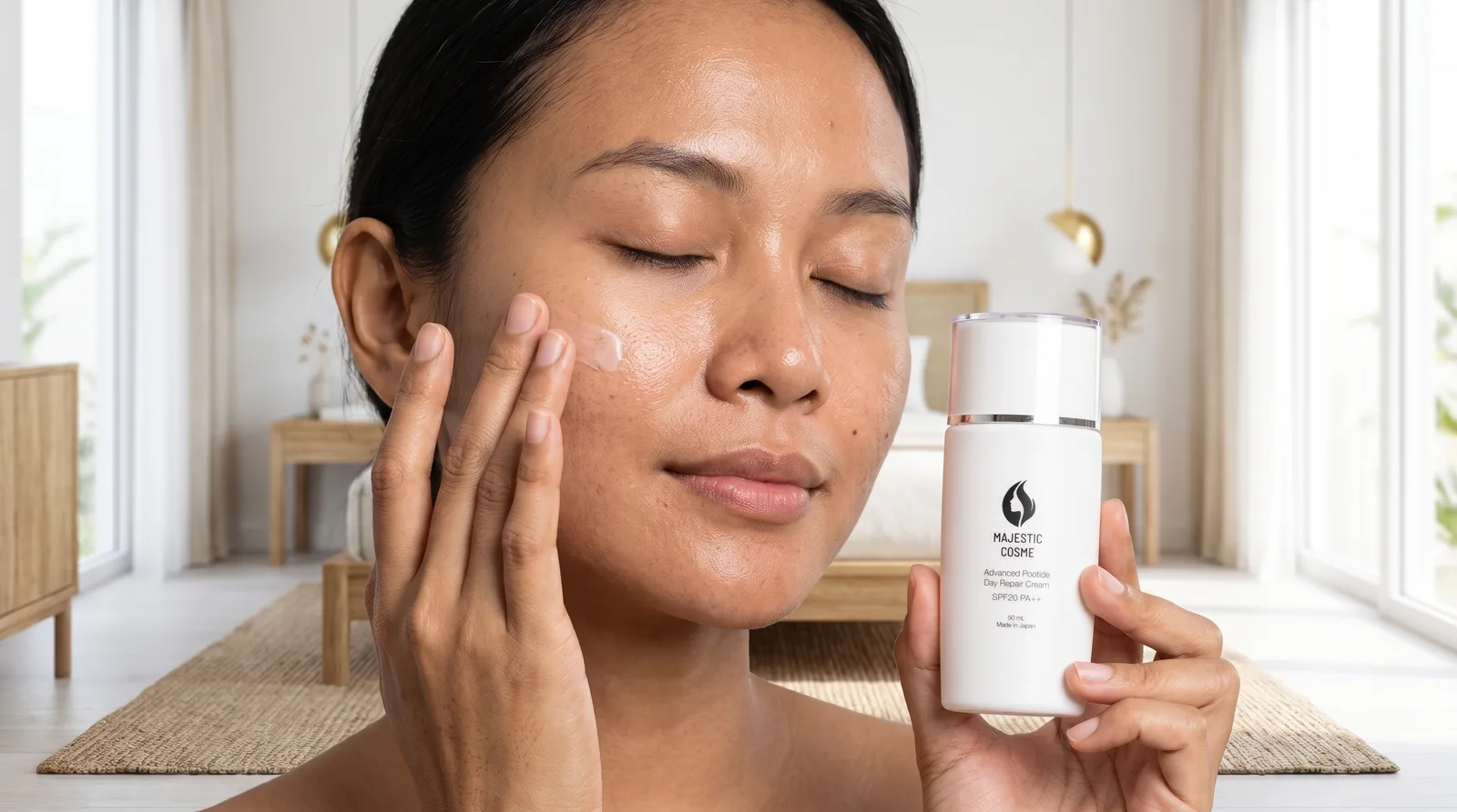 Seorang wanita dengan lembut mengaplikasikan Majestic Day Repair ke wajahnya di pagi hari yang cerah.