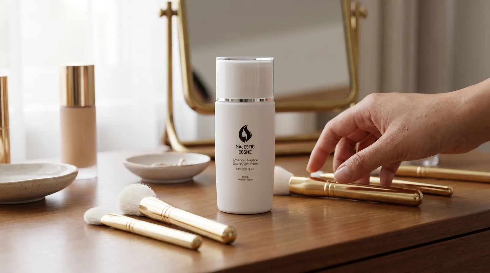 Botol Majestic Day Repair di meja rias dengan kuas makeup, menunjukkan manfaatnya sebagai primer.