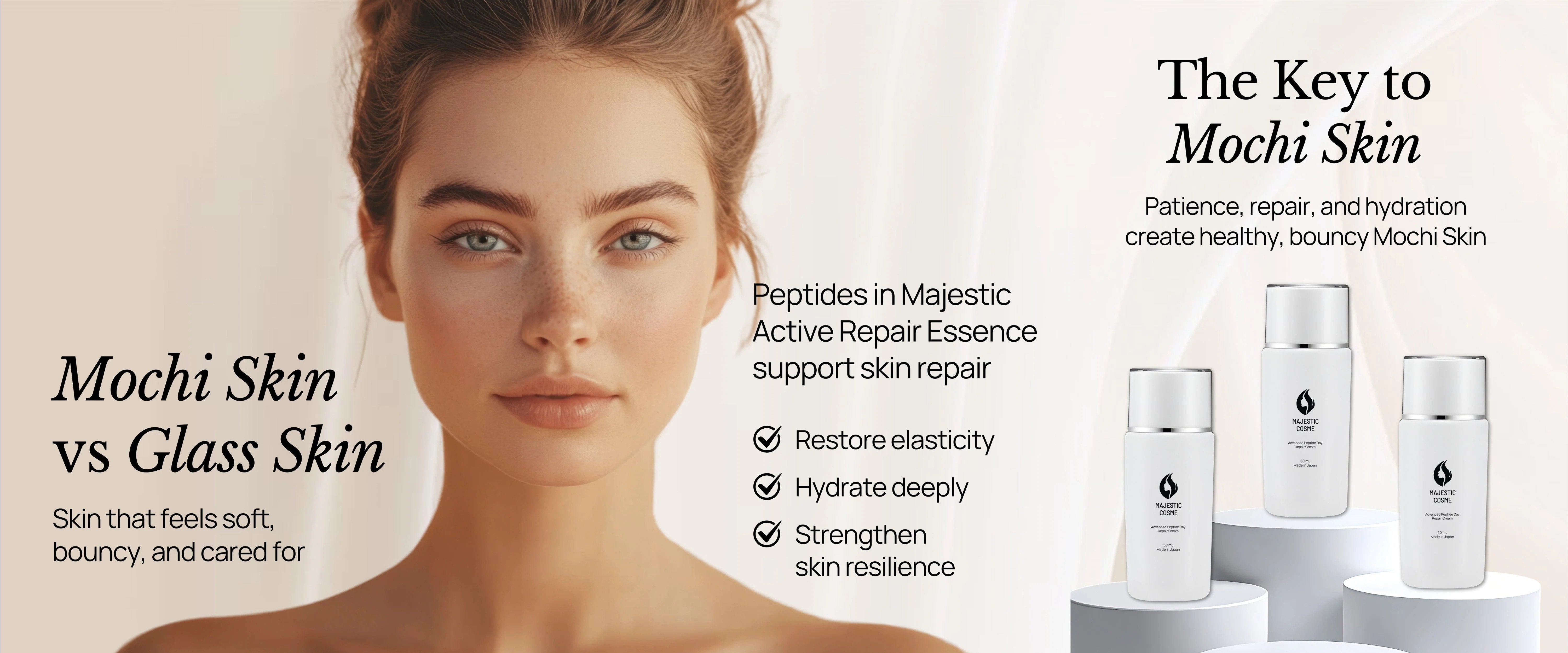 Mochi skin treatment comparison showing soft bouncy texture versus glass skin reflective finish with Majestic Day Repair peptide skincare from Japan