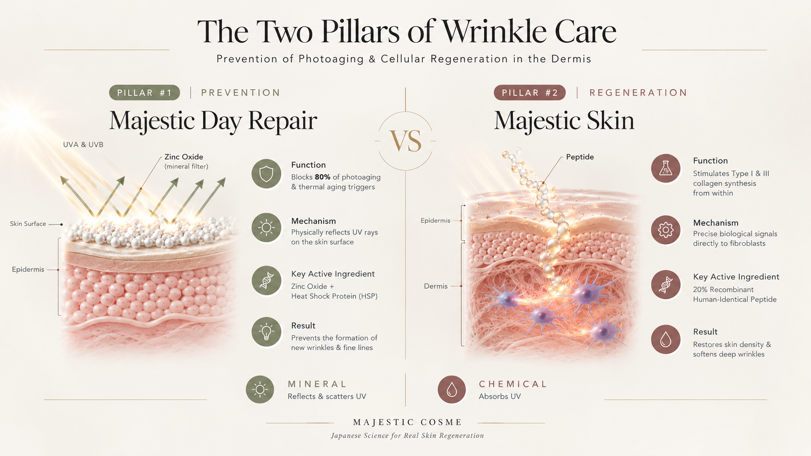 Infographic on the dual-pillar strategy for wrinkle treatment: surface mineral UV protection with Majestic Day Repair and deep dermal collagen regeneration with Majestic Skin