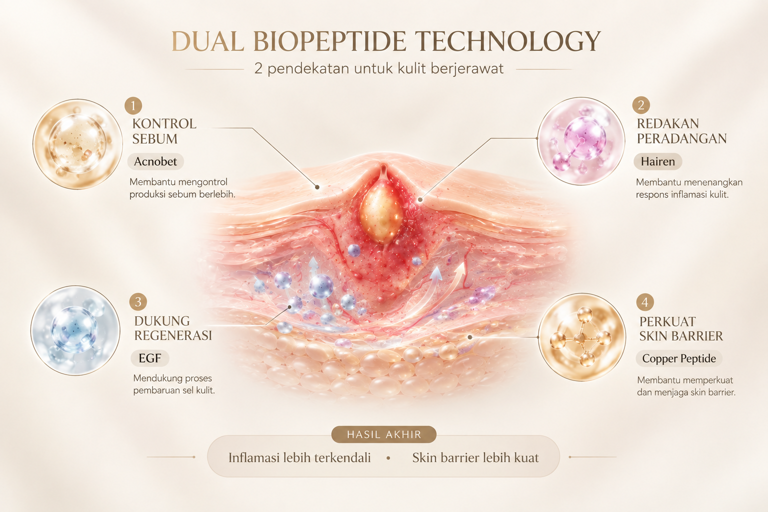 Diagram mekanisme 4 komponen Dual Biopeptide Technology Majestic Active Repair Essence dalam mengatasi jerawat dan memperkuat skin barrier