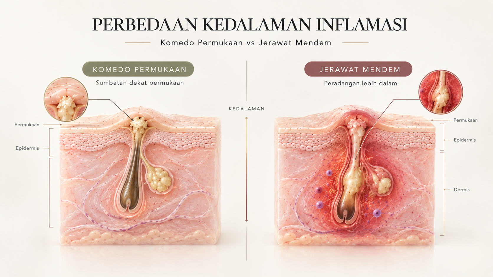 Diagram ilustrasi perbedaan kedalaman inflamasi komedo permukaan dibanding peradangan folikel mendalam atau jerawat mendem di lapisan dermis