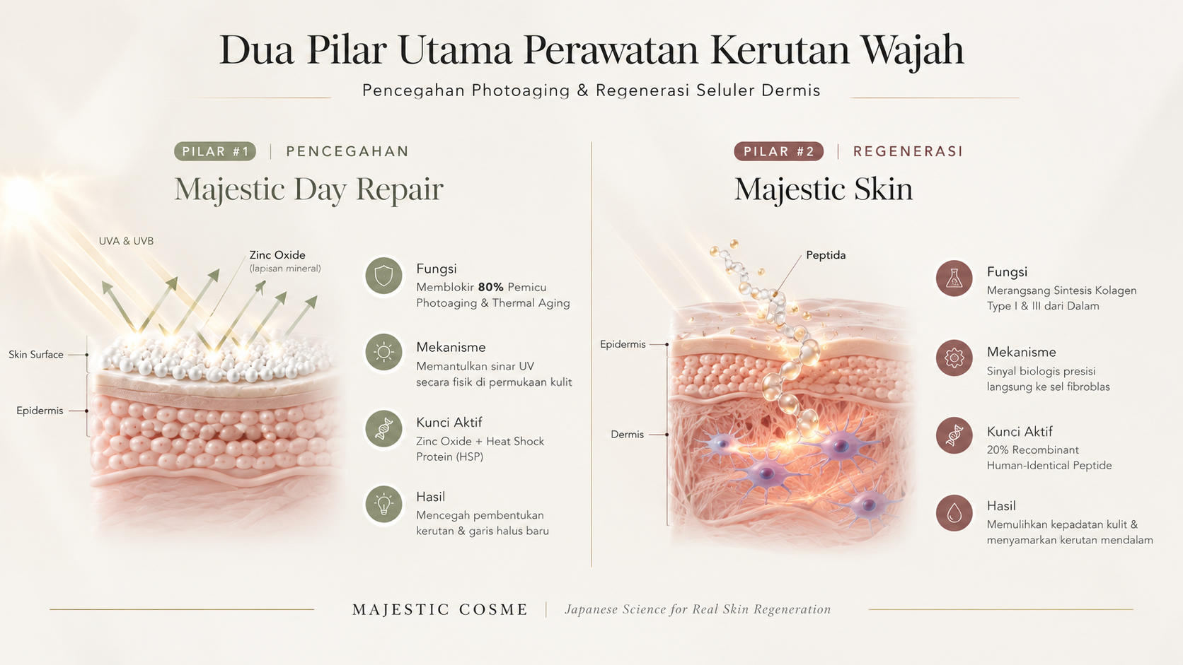 Infografis sinergi dua pilar perawatan kerutan wajah: proteksi mineral UV Majestic Day Repair dan regenerasi kolagen peptida Majestic Skin