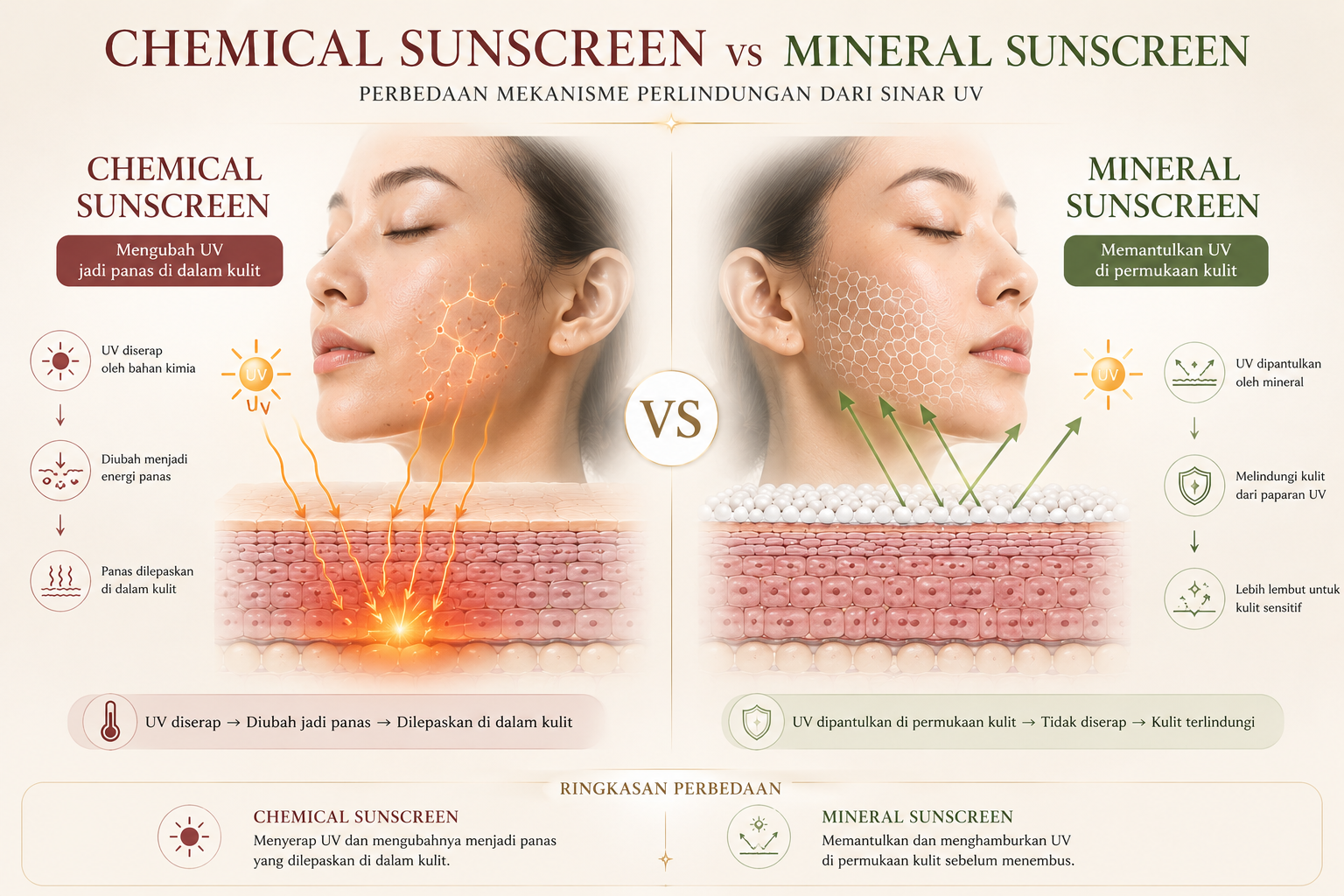 Infografis perbedaan cara kerja chemical vs mineral sunscreen memantulkan sinar UV di kulit tropis bersama Majestic Day Repair