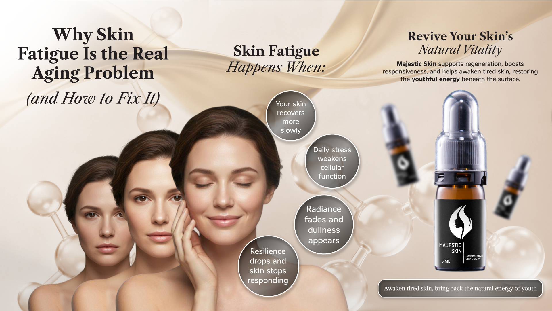 Majestic Skin human stem cell serum addressing skin fatigue with cellular energy restoration, showing comparison between fatigued dull skin and revitalized radiant skin