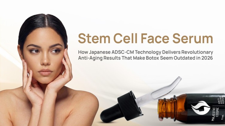 Majestic Skin stem cell face serum with 20% Japanese ADSC-CM and Liposome Technology delivering 150+ growth factors for clinical-grade anti-aging results