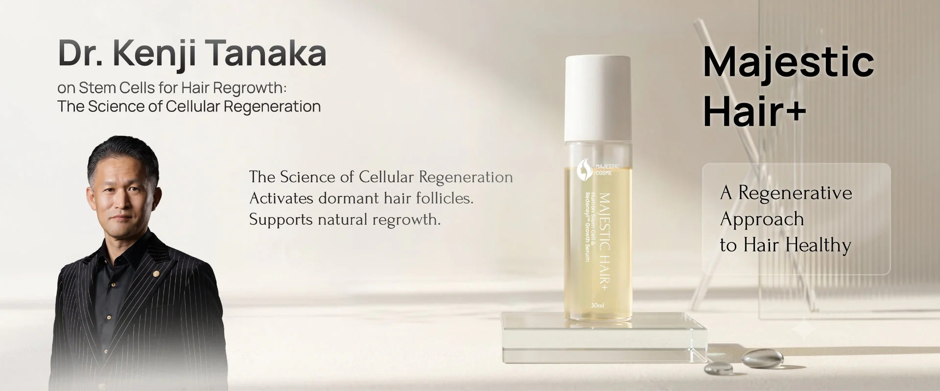 Comparison of Minoxidil versus Majestic Hair+ stem cell technology showing ADSC-CM growth factors Redensyl and Capixyl for hair follicle regrowth and density increase