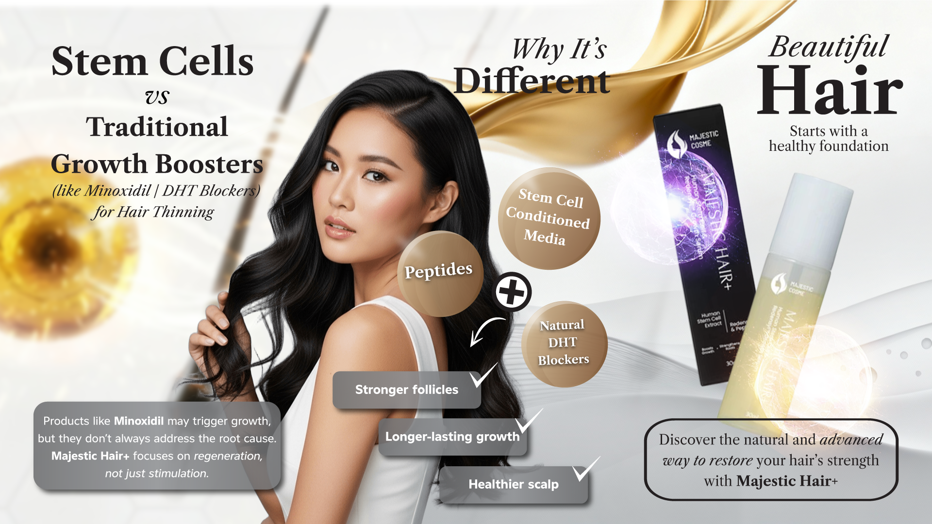 Comparison chart showing human stem cell serum, retinol, and vitamin C benefits for anti-aging skincare and collagen production