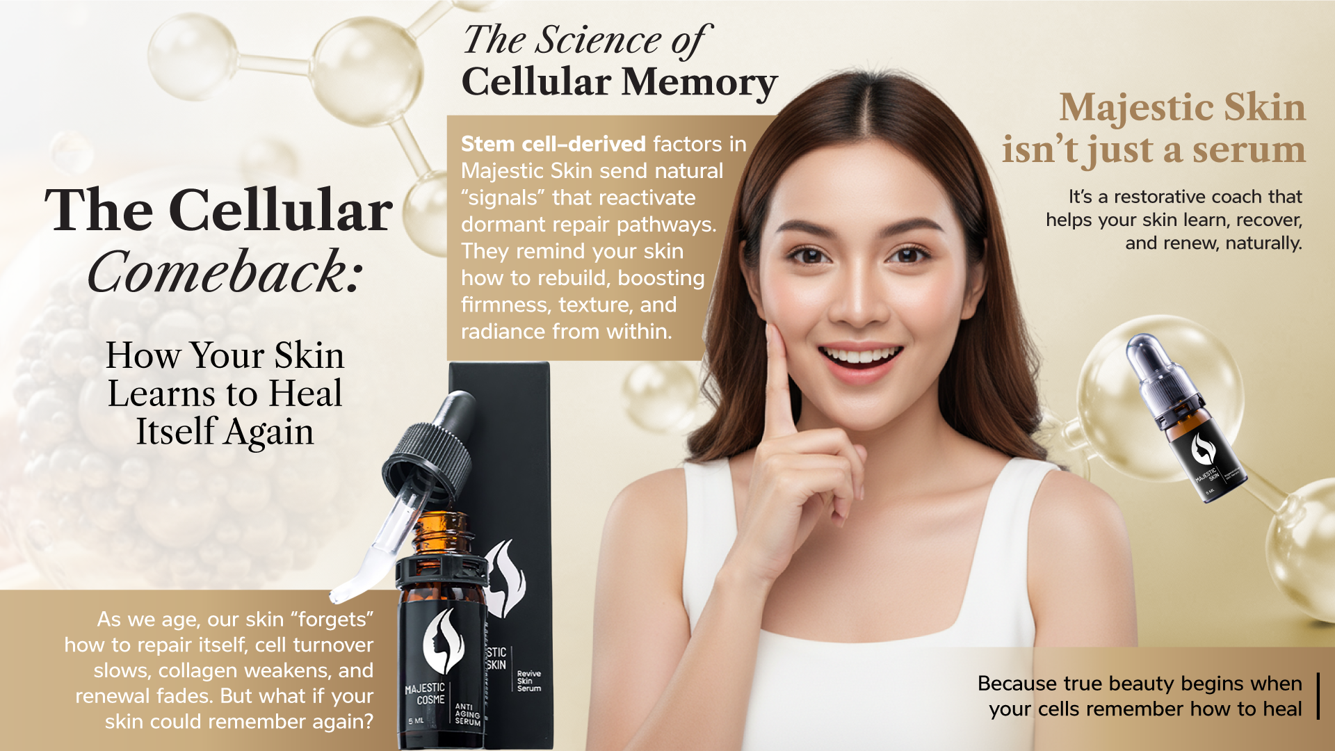  Majestic Skin human recombinant peptide anti-aging serum bottle with cellular regeneration visualization showing skin repair process