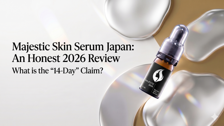 Majestic Skin human stem cell serum Japan 2026 review showing glass dropper bottle with 20% ADSC-CM and 150+ growth factors for anti-aging wrinkle reduction