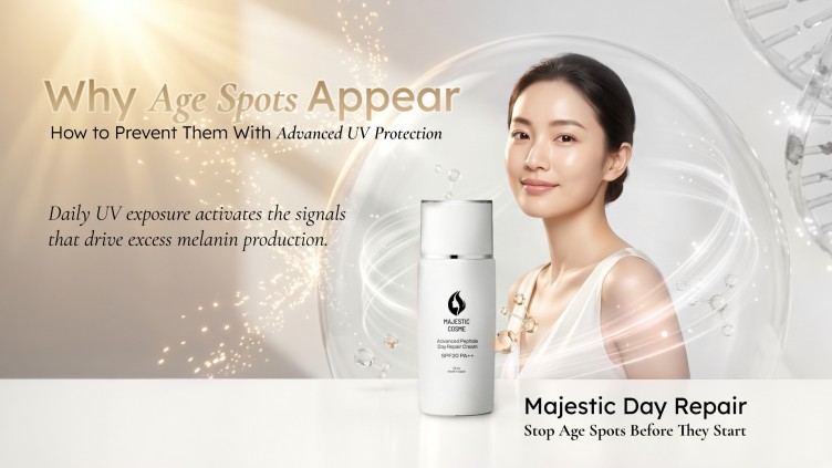 Majestic Day Repair explaining the real cause of age spots, alpha-MSH melanin signal, and ASP HSP technology to prevent and repair dark spots