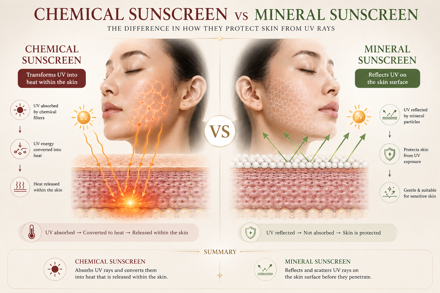 Infographic illustrating how chemical sunscreen converts UV into internal heat versus how mineral sunscreen reflects UV rays on sun-exposed skin