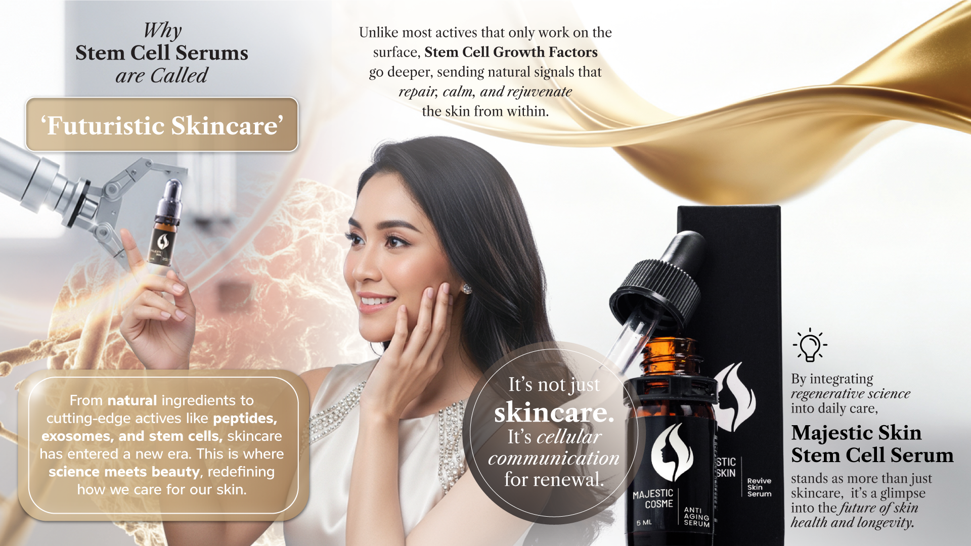 Majestic Skin human stem cell serum bottle with scientific molecules representing advanced Japanese anti-aging skincare technology