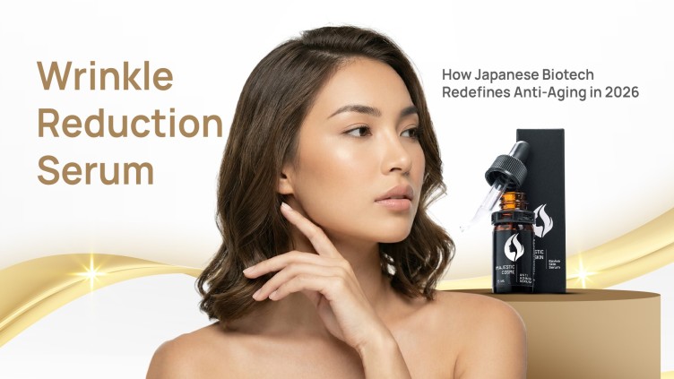 Woman applying Majestic Skin serum for wrinkle reduction using advanced Japanese ADSC-CM technology