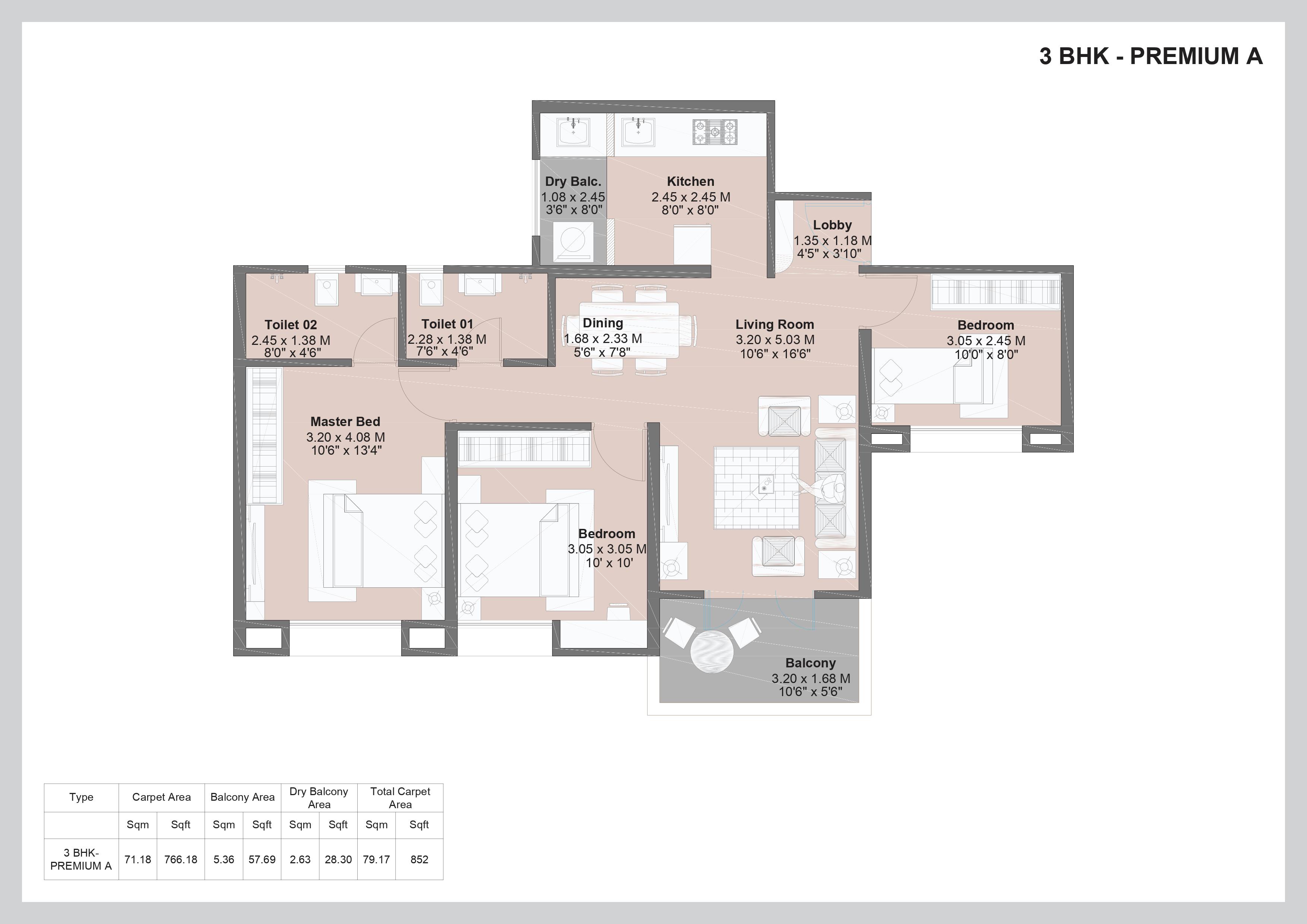 Supreme Towers by Supreme Developers New Launch Koregaon Park, Pune 3 BHK configuration floor plan layout showing carpet area of 1427 Sq.Ft.