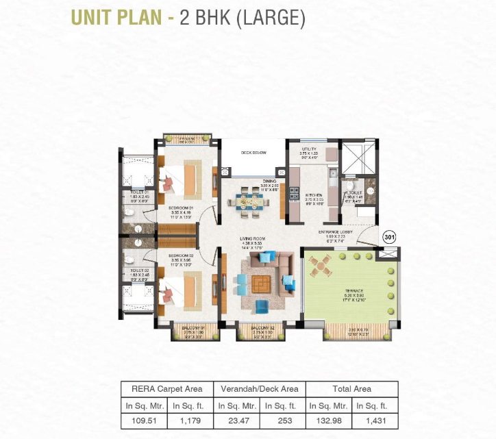 Raheja Viva by K. Raheja Corp Homes New Launch Pirangut, Pune 2 BHK Apt configuration floor plan layout showing carpet area of 1180 sqft