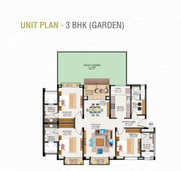 Raheja Viva by K. Raheja Corp Homes New Launch Pirangut, Pune 3 BHK Garden Flat configuration floor plan layout showing carpet area of 1950 sqft