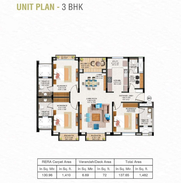 Raheja Viva by K. Raheja Corp Homes New Launch Pirangut, Pune 3BHK configuration floor plan layout showing carpet area of 1480 sqft