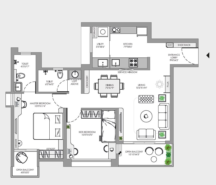 VJ Yashwin Enchante by Vilas Javdekar (VJ Group) New Launch Upper Kharadi, Pune - 3 BHK Floor Plan VJ Yashwin Enchante by Vilas Javdekar (VJ Group) New Launch Upper Kharadi, Pune 3 BHK configuration floor plan layout showing carpet area of 860-880 Sq. Ft.