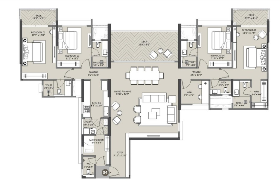 Raheja Aurum by Raheja Developers  NIBM, Pune 4.5 BHK configuration floor plan layout showing carpet area of 2400-2500 sft
