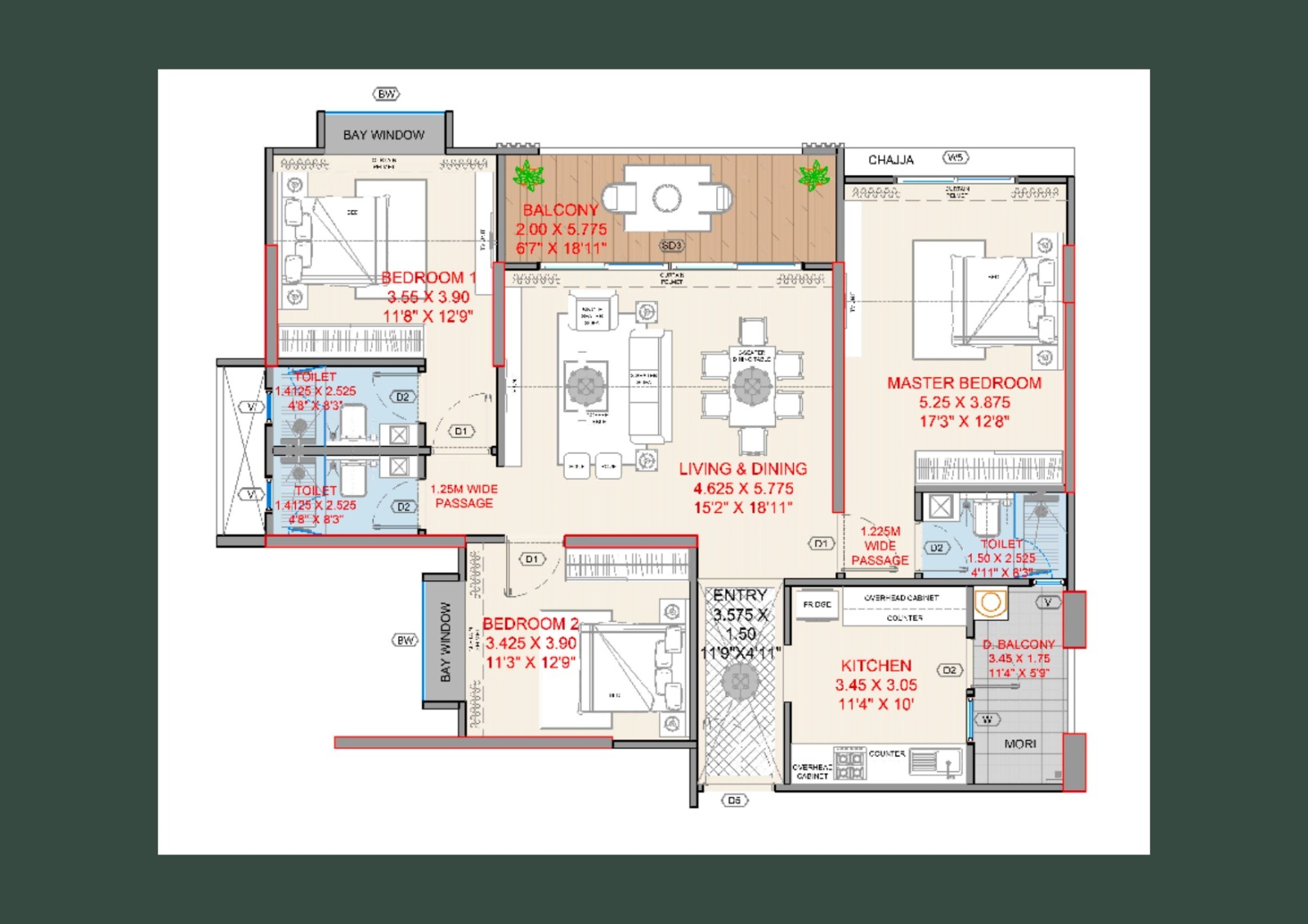 The Reserve by Lohia Jain Group & Malpani Properties Koregaon Park Annex, Pune - 3 BHK Floor Plan The Reserve by Lohia Jain Group & Malpani Properties Koregaon Park Annex, Pune 3 BHK configuration floor plan layout showing carpet area of 1243 - 1417 Sq.Ft