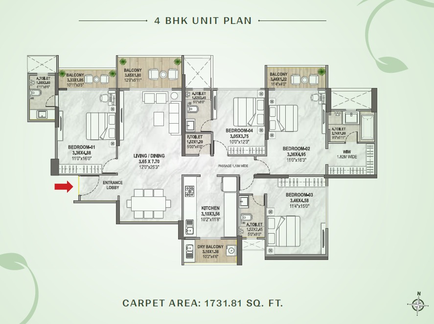 Codename New Beginnings by Venkatesh Buildcon Kharadi, Pune - Palatial 4 BHK Floor Plan Codename New Beginnings by Venkatesh Buildcon Kharadi, Pune Palatial 4 BHK configuration floor plan layout showing carpet area of 1730-1957 Sqft