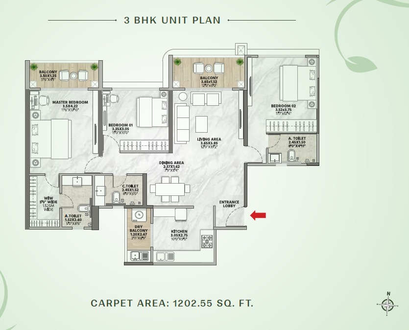 Codename New Beginnings by Venkatesh Buildcon Kharadi, Pune - Signature 3 BHK Floor Plan Codename New Beginnings by Venkatesh Buildcon Kharadi, Pune Signature 3 BHK configuration floor plan layout showing carpet area of 1106-1202 Sqft