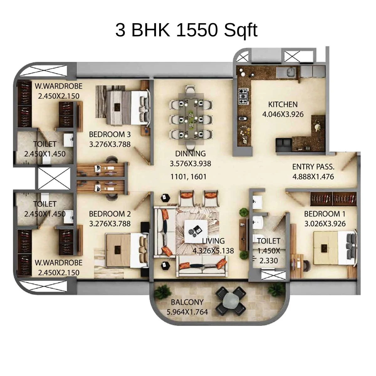 Kumar Siddhachal by Kumar Properties  Market Yard, Pune 3 BHK configuration floor plan layout showing carpet area of 1550 