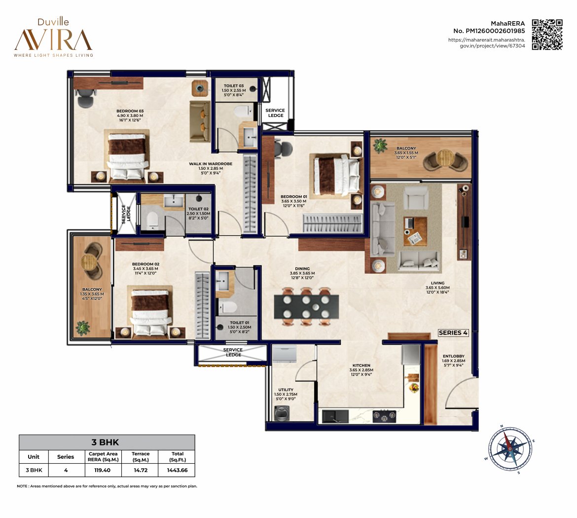 Duville Avira by Duville Estates Pvt. Ltd. New Launch Koregaon Park Annexe, Mundhwa - 3 BHK Imperia Floor Plan Duville Avira by Duville Estates Pvt. Ltd. New Launch Koregaon Park Annexe, Mundhwa 3 BHK Imperia configuration floor plan layout showing carpet area of 1443 sqft