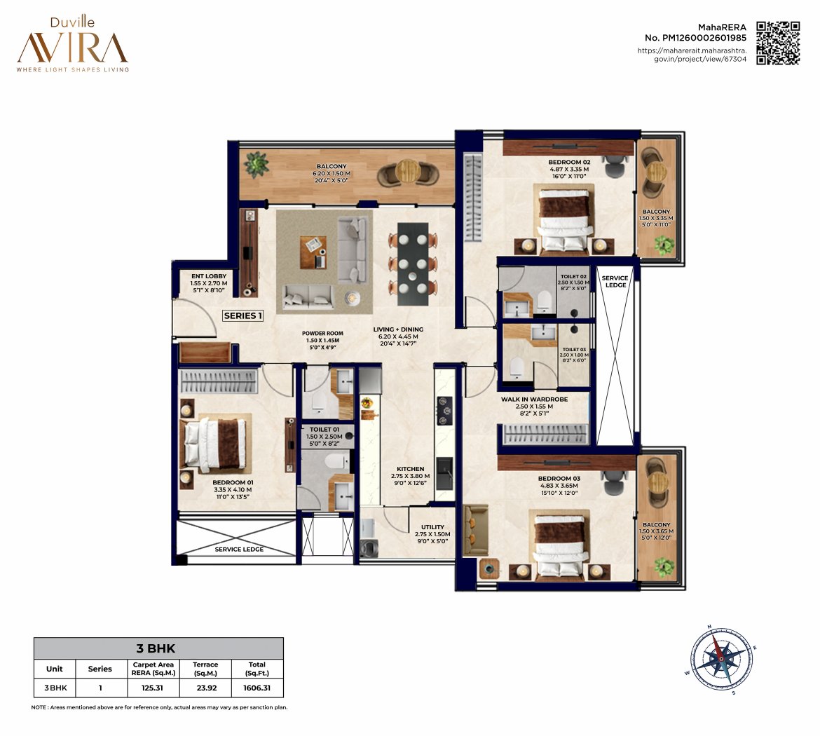 Duville Avira by Duville Estates Pvt. Ltd. New Launch Koregaon Park Annexe, Mundhwa - 3 BHK Luxe Floor Plan Duville Avira by Duville Estates Pvt. Ltd. New Launch Koregaon Park Annexe, Mundhwa 3 BHK Luxe configuration floor plan layout showing carpet area of 1606 sqft