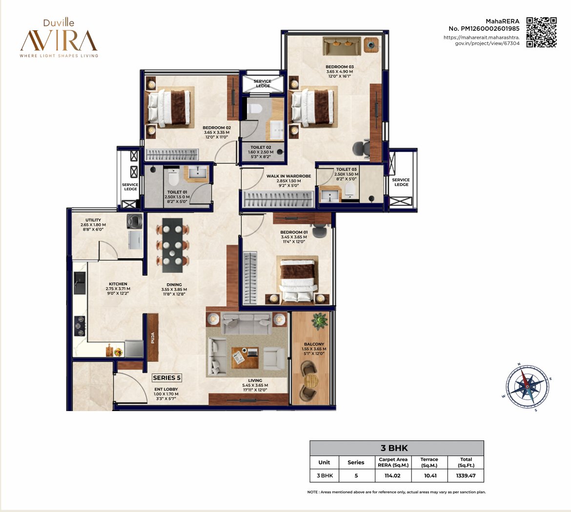 Duville Avira by Duville Estates Pvt. Ltd. New Launch Koregaon Park Annexe, Mundhwa - 3 BHK Premium Floor Plan Duville Avira by Duville Estates Pvt. Ltd. New Launch Koregaon Park Annexe, Mundhwa 3 BHK Premium configuration floor plan layout showing carpet area of 1339 sqft
