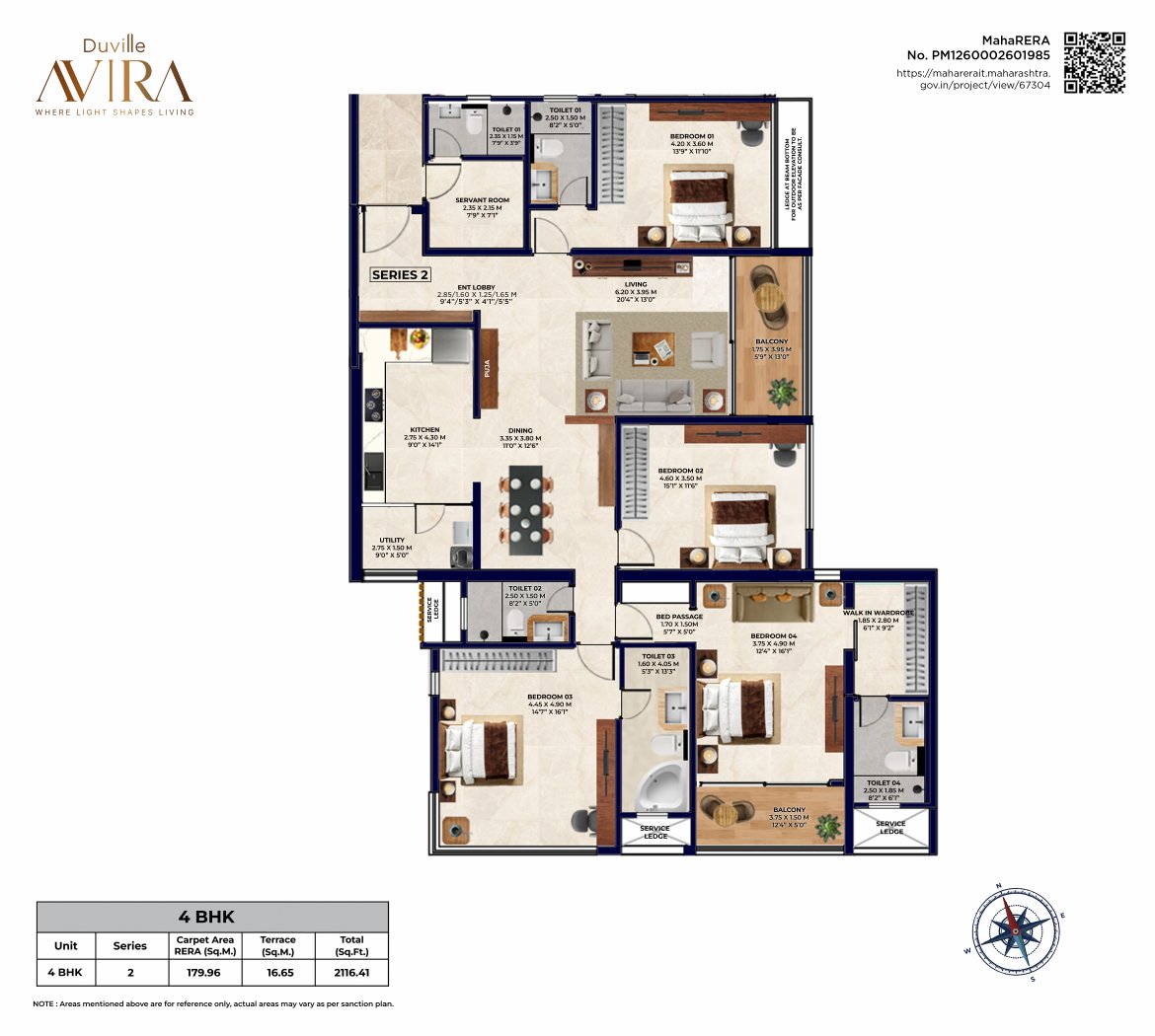 Duville Avira by Duville Estates Pvt. Ltd. New Launch Koregaon Park Annexe, Mundhwa - 4.5 BHK Luxe Floor Plan Duville Avira by Duville Estates Pvt. Ltd. New Launch Koregaon Park Annexe, Mundhwa 4.5 BHK Luxe configuration floor plan layout showing carpet area of 2116 sqft