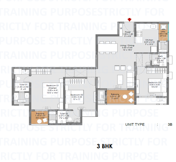 Godrej Aqua Vista by Godrej Properties  Keshav Nagar, Pune 3 BHK Apartments configuration floor plan layout showing carpet area of 975 Sq. Ft.
