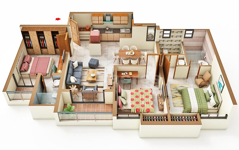 Kumar Prospera by Kumar Properties  Magarpatta, Pune 3 BHK configuration floor plan layout showing carpet area of 1228 Sq. Ft.