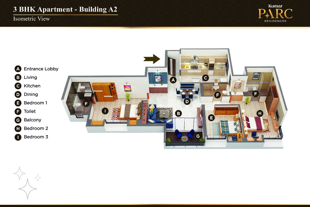 Kumar Parc Residences by Kumar Properties Magarpatta Rd, Pune - 3 BHK Floor Plan Kumar Parc Residences by Kumar Properties Magarpatta Rd, Pune 3 BHK configuration floor plan layout showing carpet area of 1100 SQ.FT