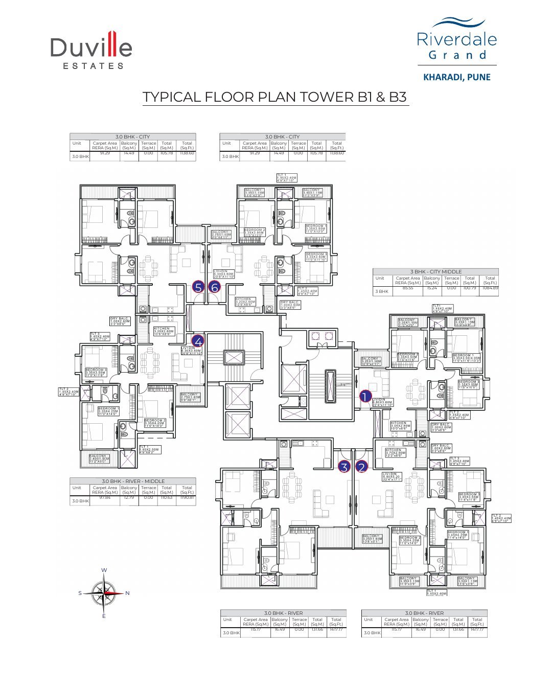Riverdale Grand by Duville Estates by Duville Estates Pvt. Ltd.  Kharadi, Pune 3 BHK River Facing - Tower B1/B2/B3 configuration floor plan layout showing carpet area of 1191 sqft