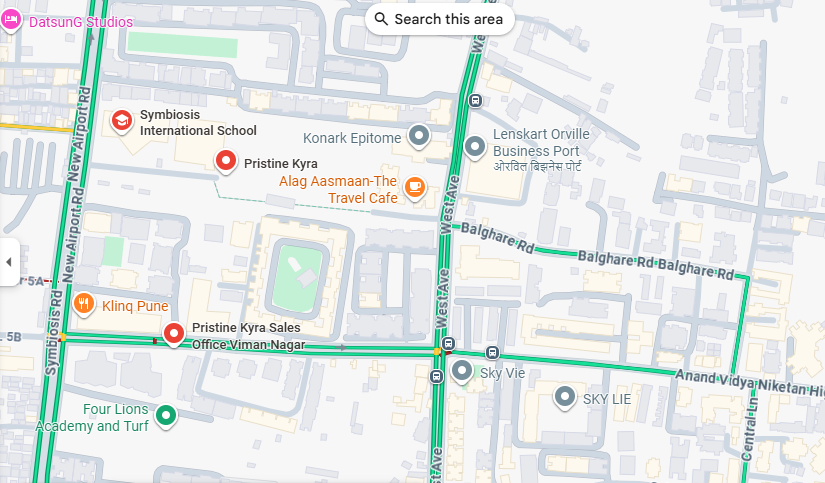 Detailed vicinity and location map for Pristine Kyra by Pristine Properties  Viman Nagar, Pune showing connectivity and nearby landmarks.