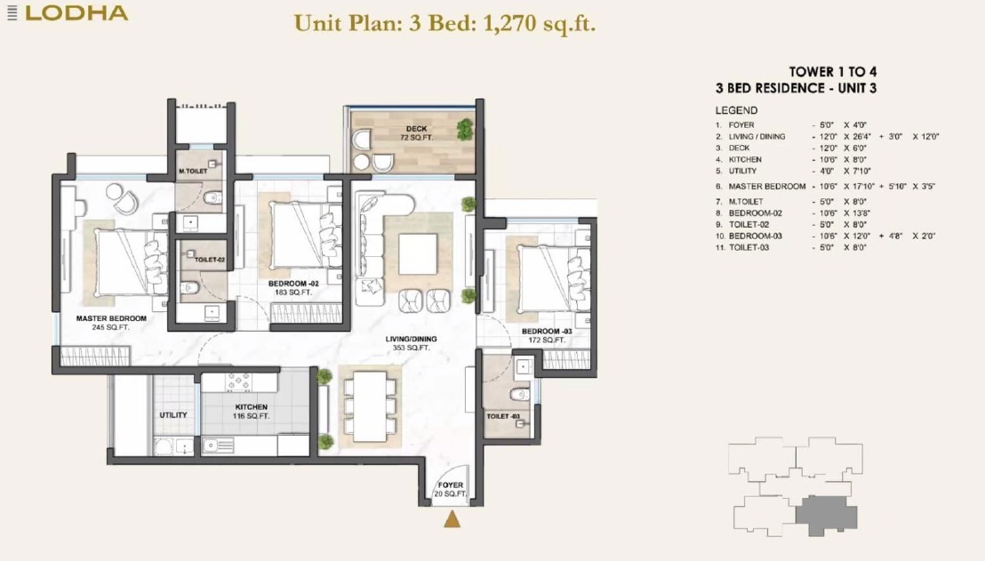 Lodha Camelot by Lodha Group New Launch Kharadi, Pune - 3 BHK Floor Plan Lodha Camelot by Lodha Group New Launch Kharadi, Pune 3 BHK configuration floor plan layout showing carpet area of 1250-1270 Sqft