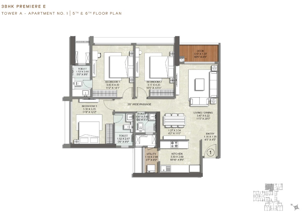 Kalpataru VIAN by Kalpataru  Lokhandwala, Andheri (W) 3 BHK configuration floor plan layout showing carpet area of 1116 Sqft