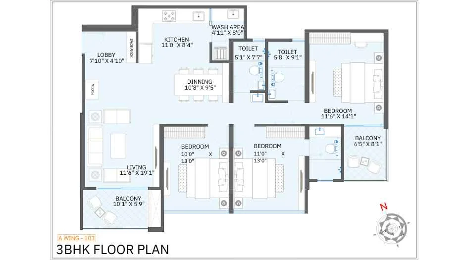Shubh Tristar by Shubh Developers New Launch Koregaon Park Annexe, Pune  3 BHK configuration floor plan layout showing carpet area of 1299 sq.ft