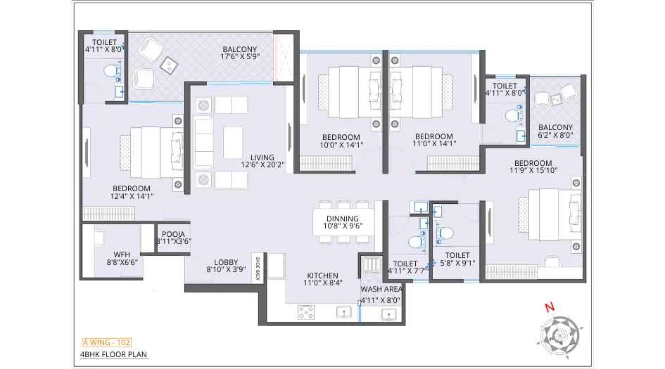 Shubh Tristar by Shubh Developers New Launch Koregaon Park Annexe, Pune  4 BHK configuration floor plan layout showing carpet area of 1707 sq.ft