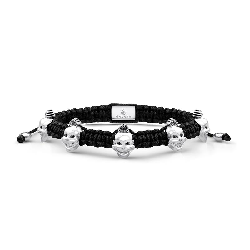 Five Laughing Skulls Silver Macrame Bracelet, black diamonds, adjustable