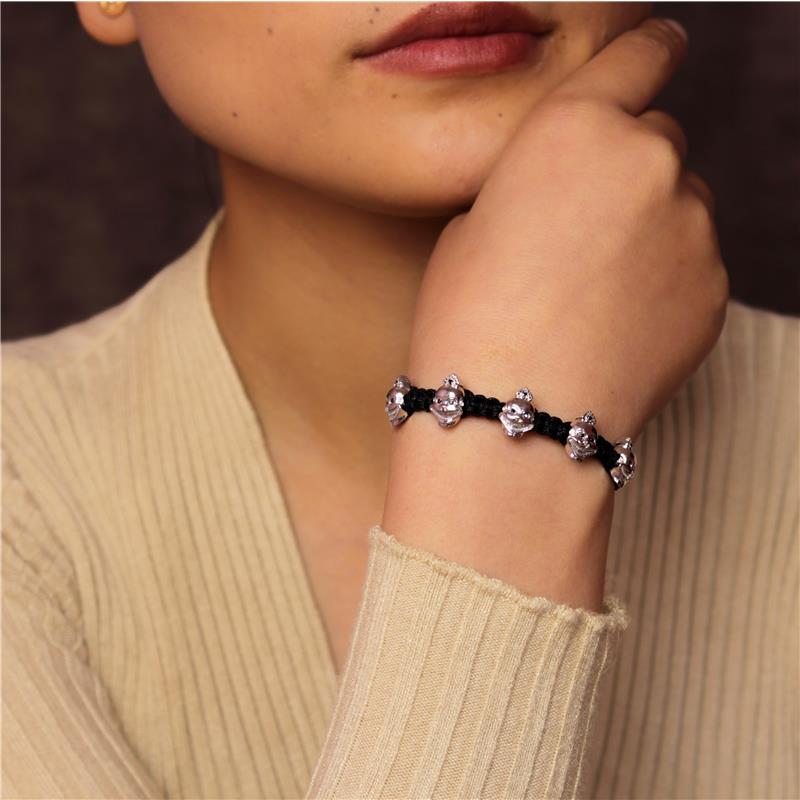 Five Laughing Skulls Silver Macrame Bracelet, black diamonds, adjustable — view 5