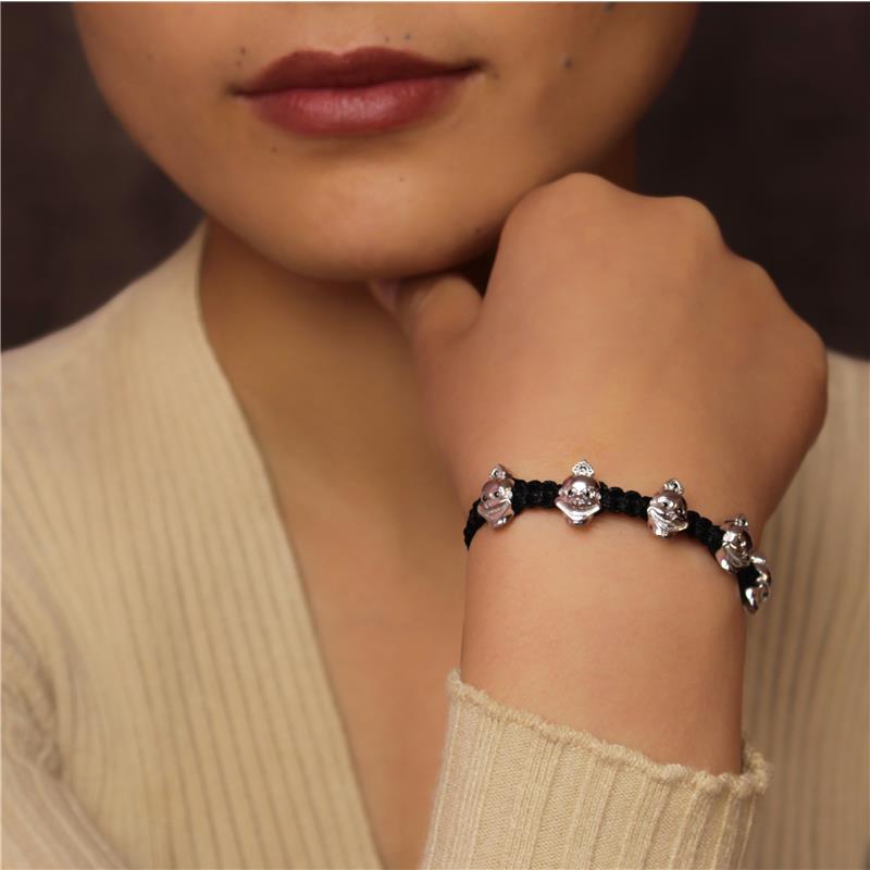 Five Laughing Skulls Silver Macrame Bracelet, black diamonds, adjustable