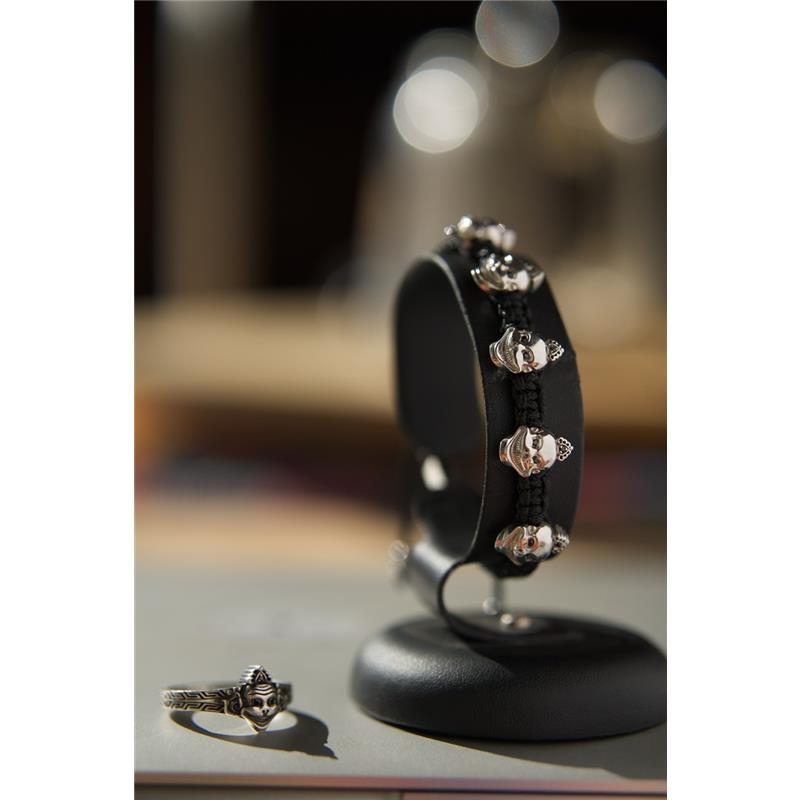 Five Laughing Skulls Silver Macrame Bracelet, black diamonds, adjustable — view 7