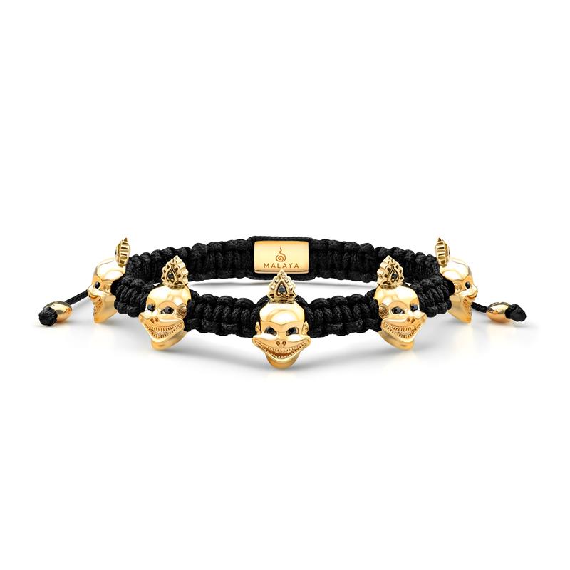 Five Laughing Skulls, Macrame Bracelet 15 black diamonds .10cts 18k solid gold 22.22g